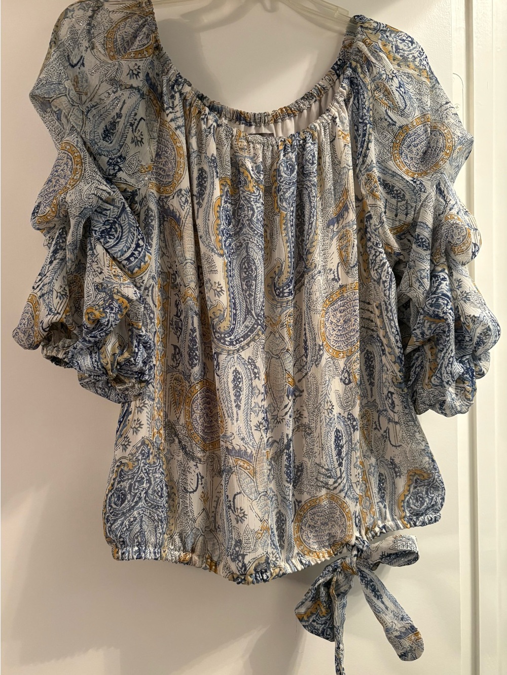 Vince Camuto Blue & Gold Paisley Tie-Hem Blouse